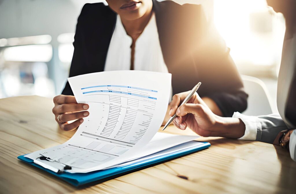 Small business tax professional at a desk reviewing documents